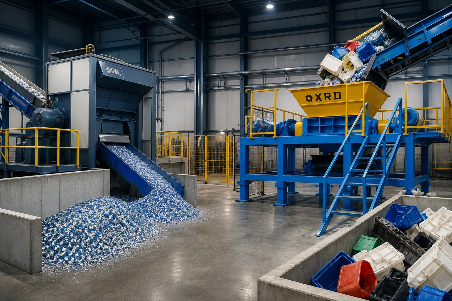 AI-generated industrial facility comparing controlled single shaft sizing with an XRD two shaft shredder processing bulky plastic waste